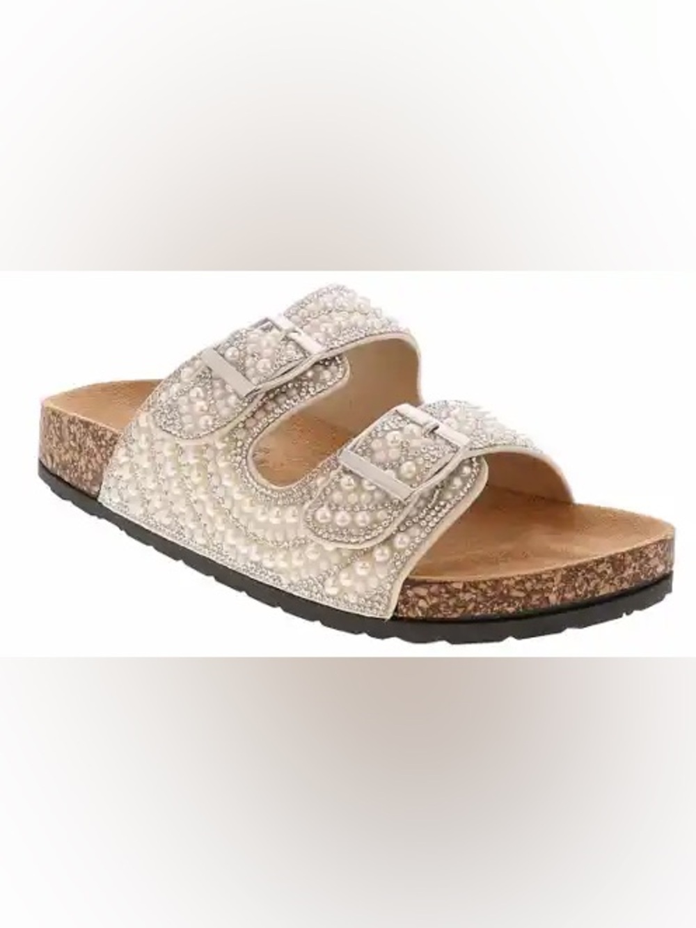 Jellypop Beaded Pearl Dual-Buckle Slide Sandals - White